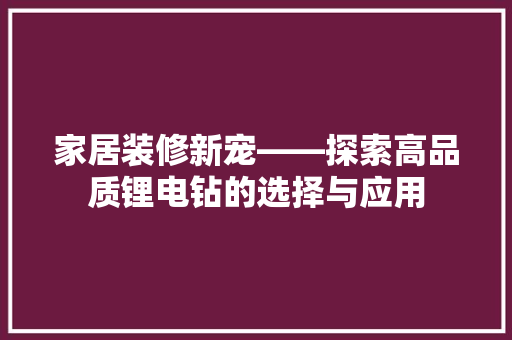 家居装修新宠——探索高品质锂电钻的选择与应用