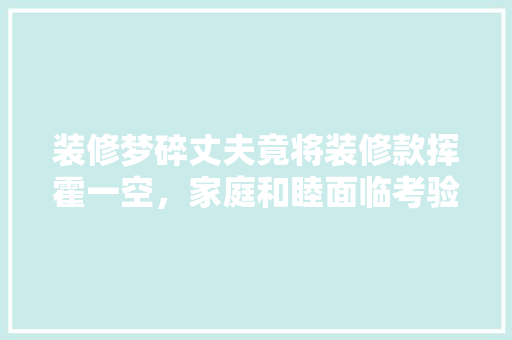 装修梦碎丈夫竟将装修款挥霍一空，家庭和睦面临考验