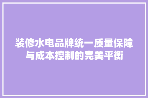装修水电品牌统一质量保障与成本控制的完美平衡